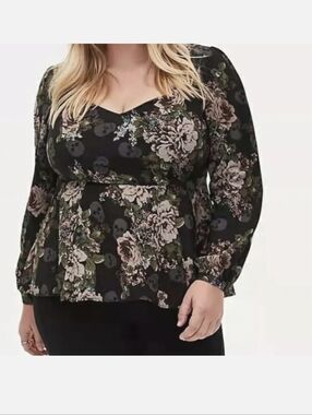 Torrid New With Tags Skull Floral Peplum Long Sleeve Top - 6X